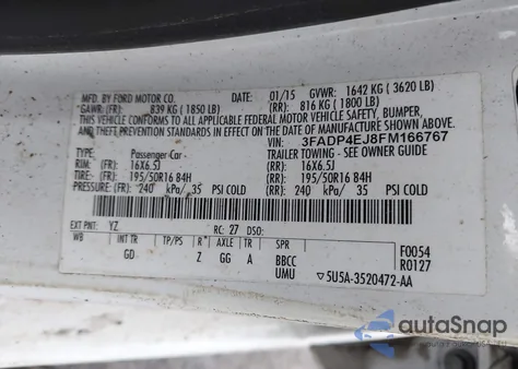 2015 Ford Fiesta Se z USA, uszkodzony, nr VIN 3FADP4EJ8FM166767